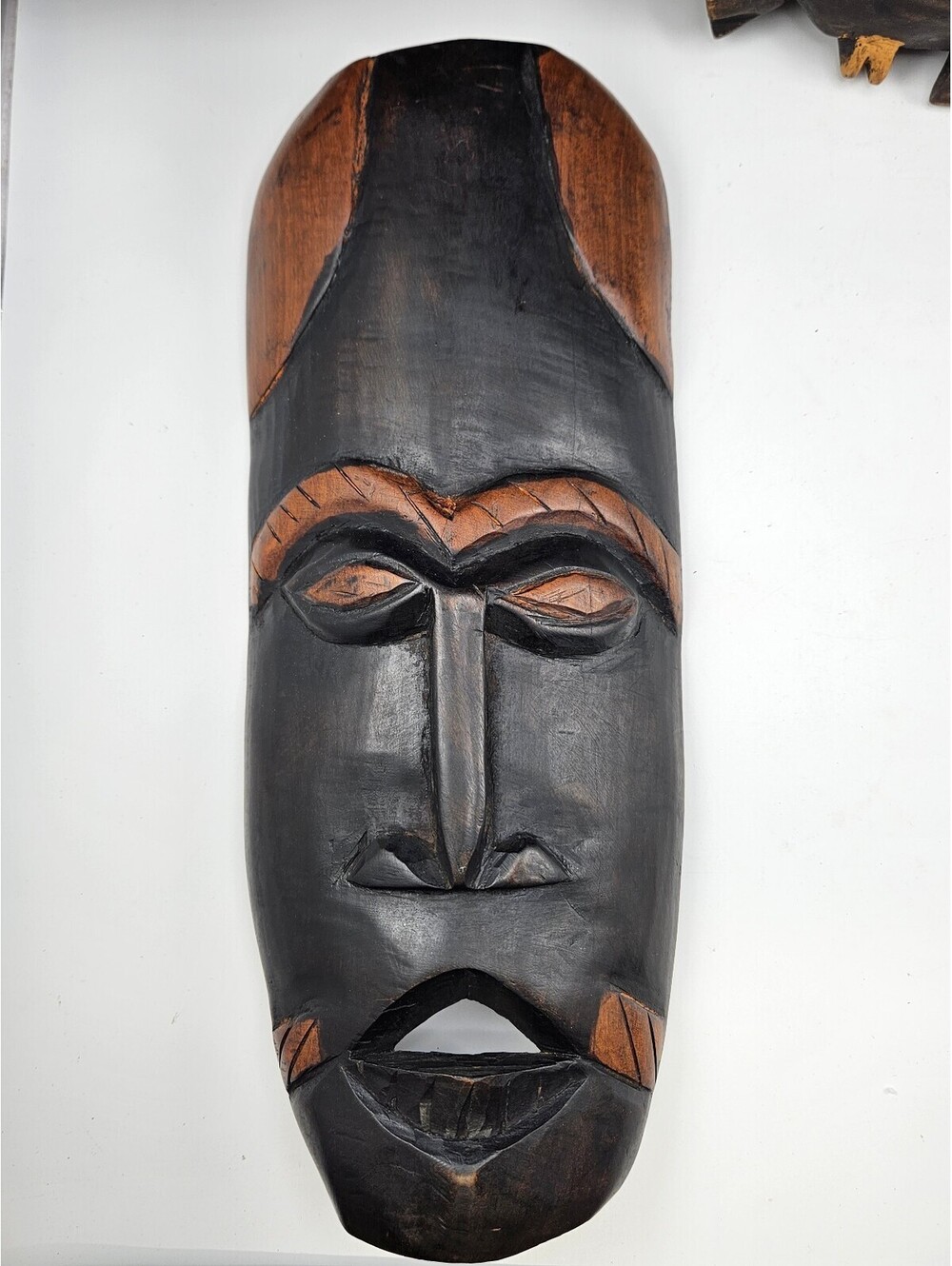 Vintage Hand-Carved Wooden Kenyan Tribal Mask Wall Art Two-Tone Folk Decor